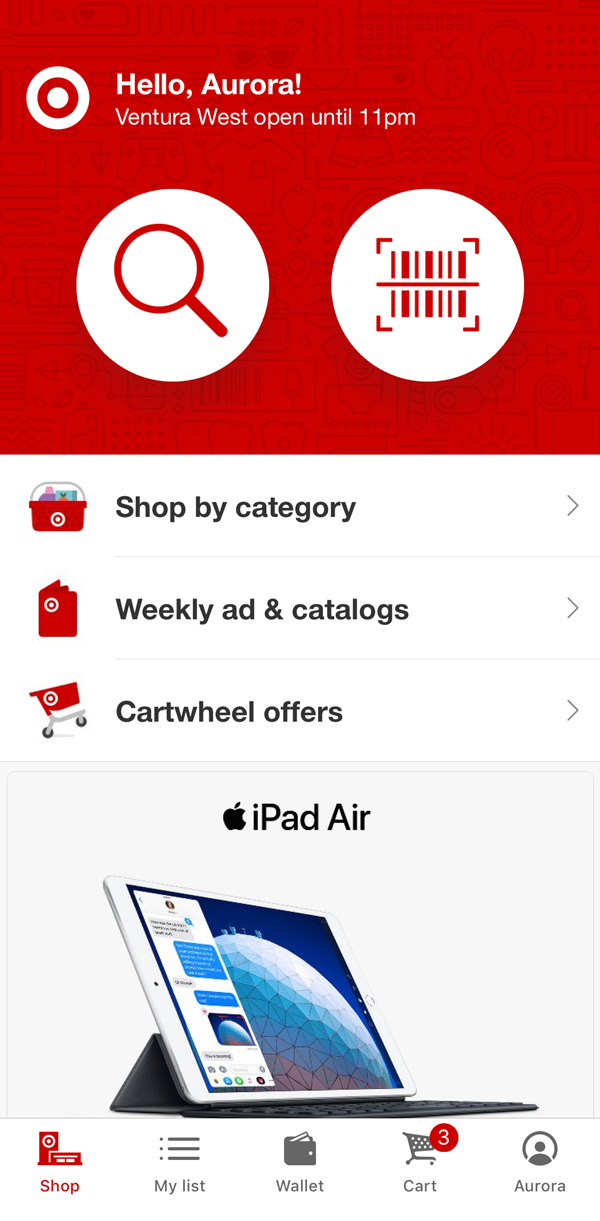 Screenshot of the landing screen of the Target mobile app, showing 2 oversized primary tap targets.