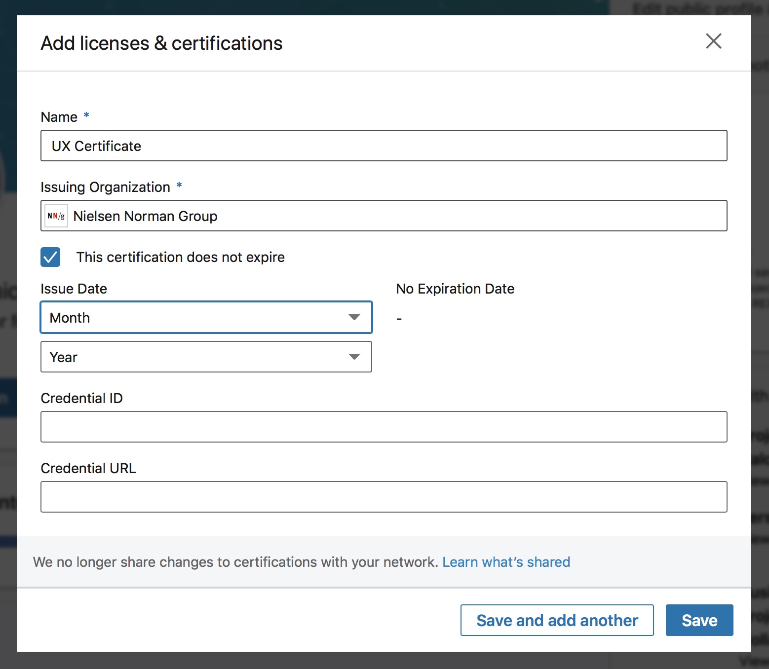 Example of data fields to enter for Certifications