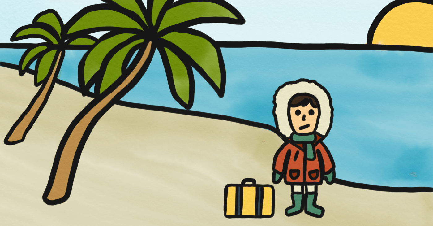 Traveler on a tropical beach, dressed in winter clothing