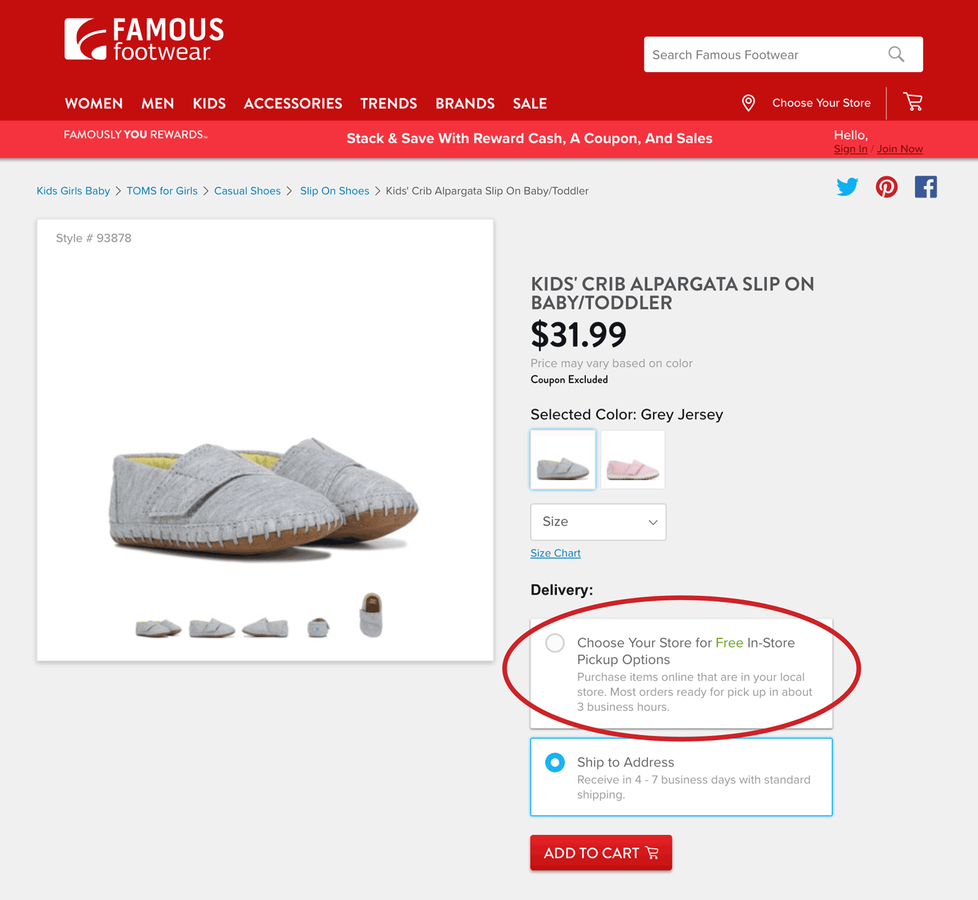 Famous Footwear website: a product detail page included the option to pick up the item in-store.