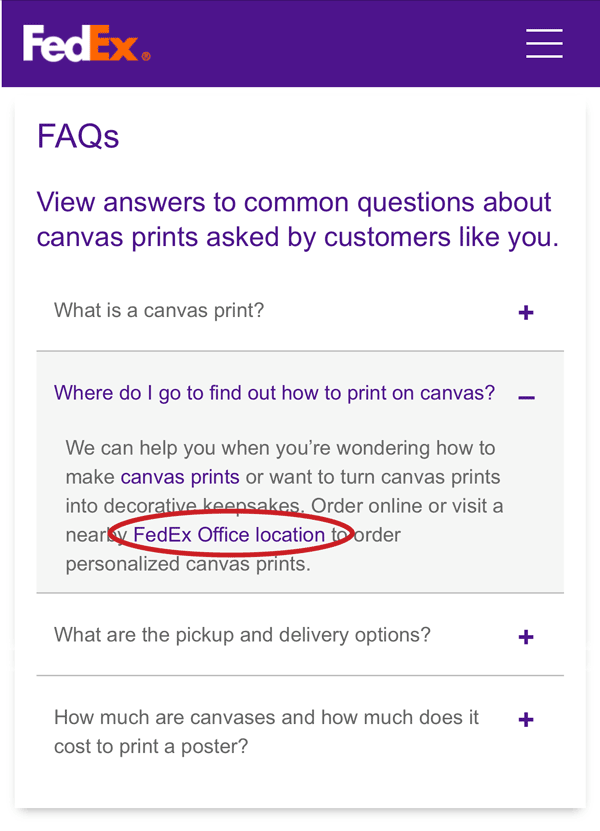 FedEx included a text link within a FAQ, where appropriate.