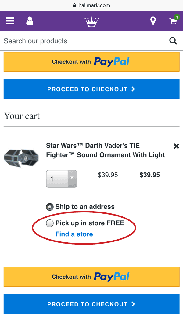 Hallmark mobile site: the checkout page included the option to pick up in-store.