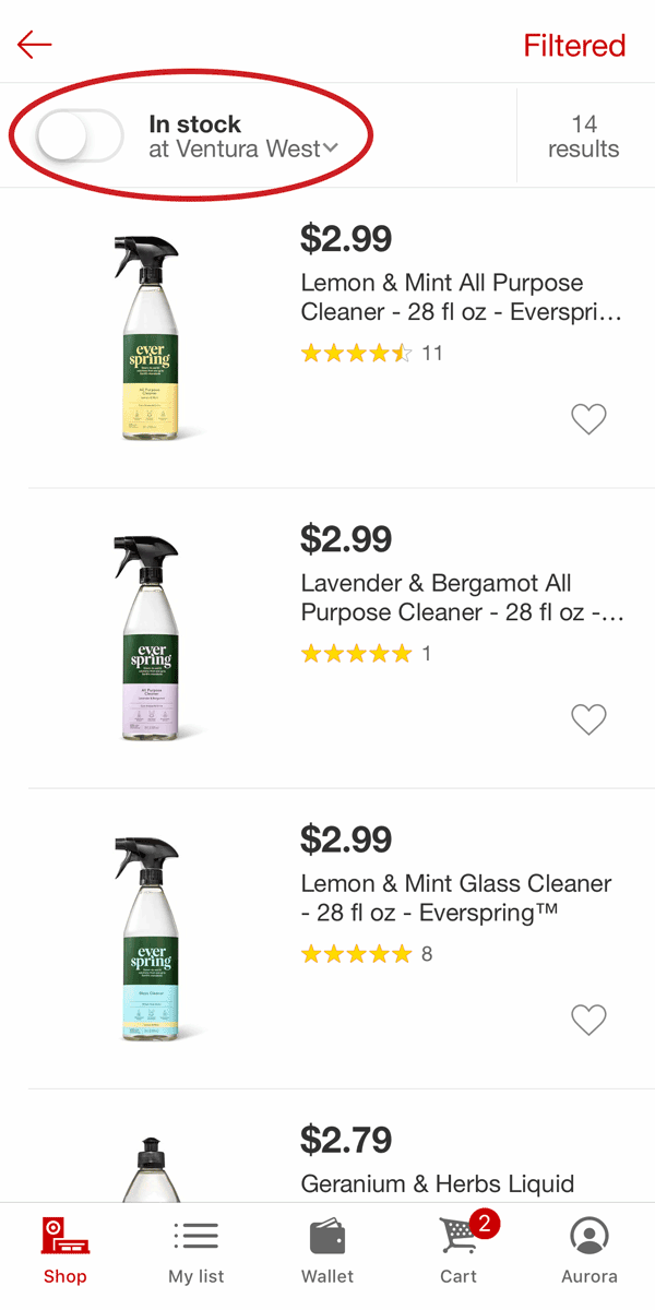 Target mobile app: Product-listing pages displayed a prominent filter for store-specific items at the top of the screen.