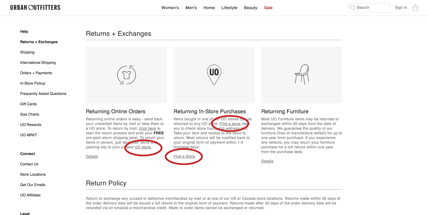 Urban Outfitters Return Policy page.