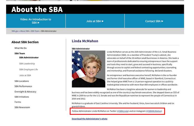 SBA About us page includes social media names for officials. 