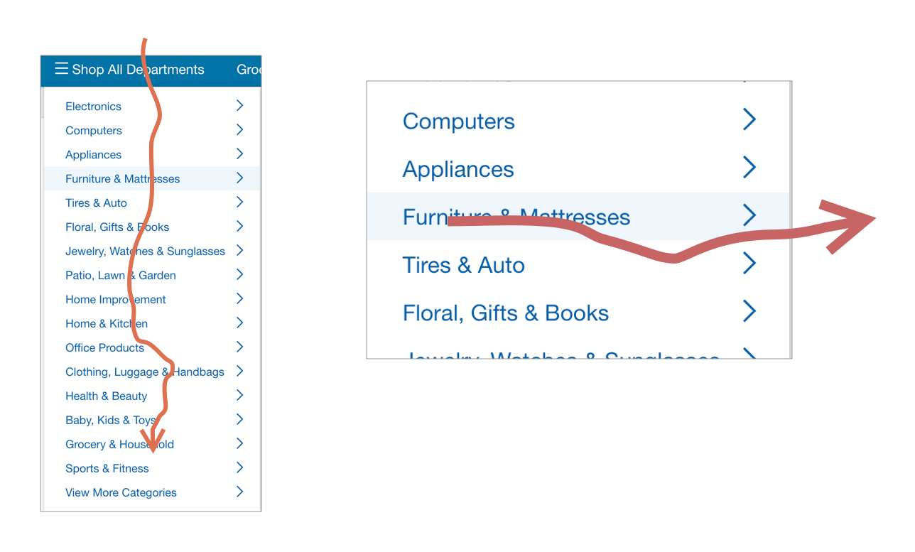 Two views of Costco.com hierarchical menus, showing the tradeoff in width vs height of menus