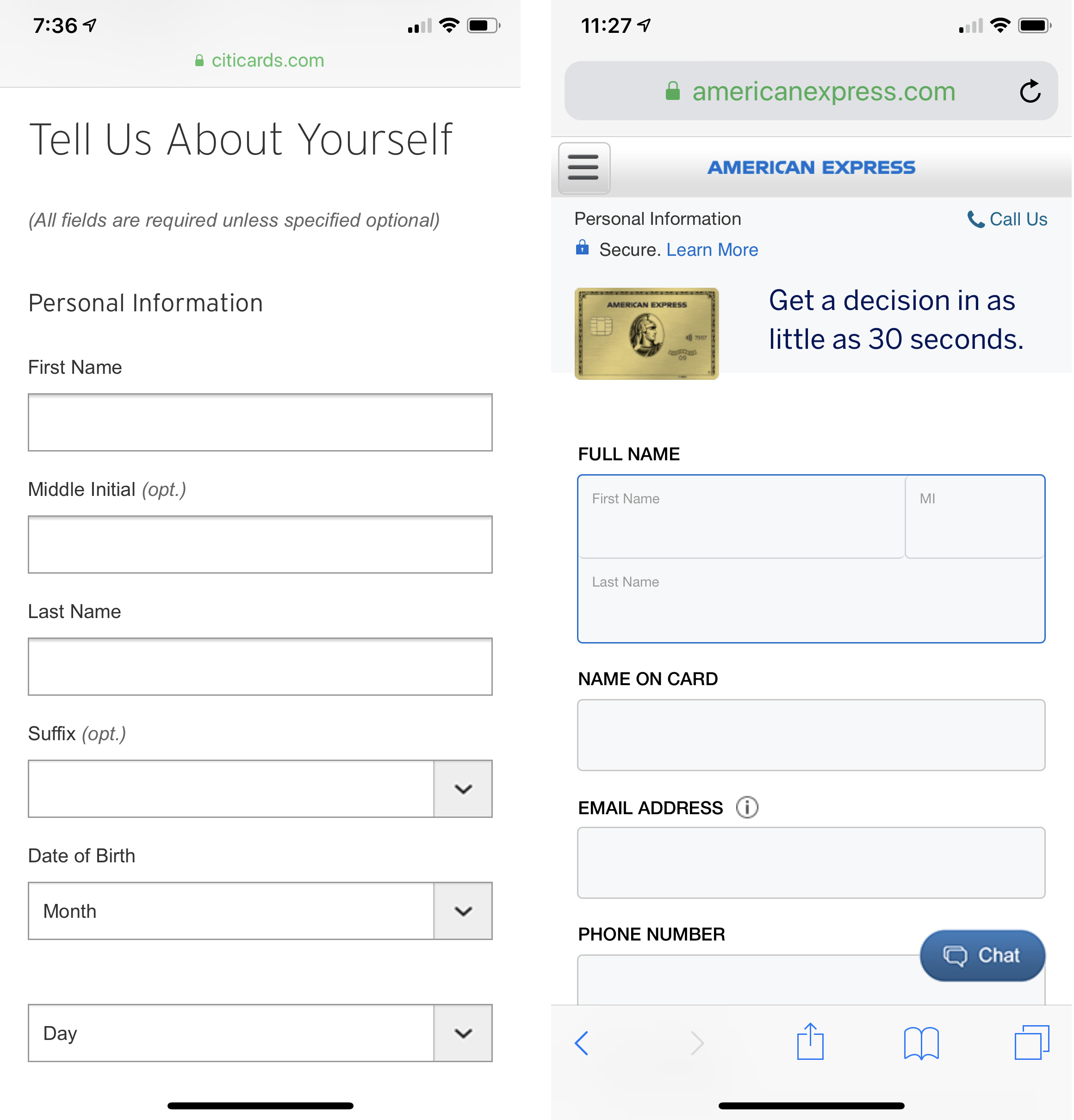 Left: The form titled Tell Us About Yourself includes fields such as First Name, Middle Initial (opt.), Last Name, Suffix (opt), Date of Birth: Month, Day. Right: The fields are Full Name, Name on card, email address, and phone number.