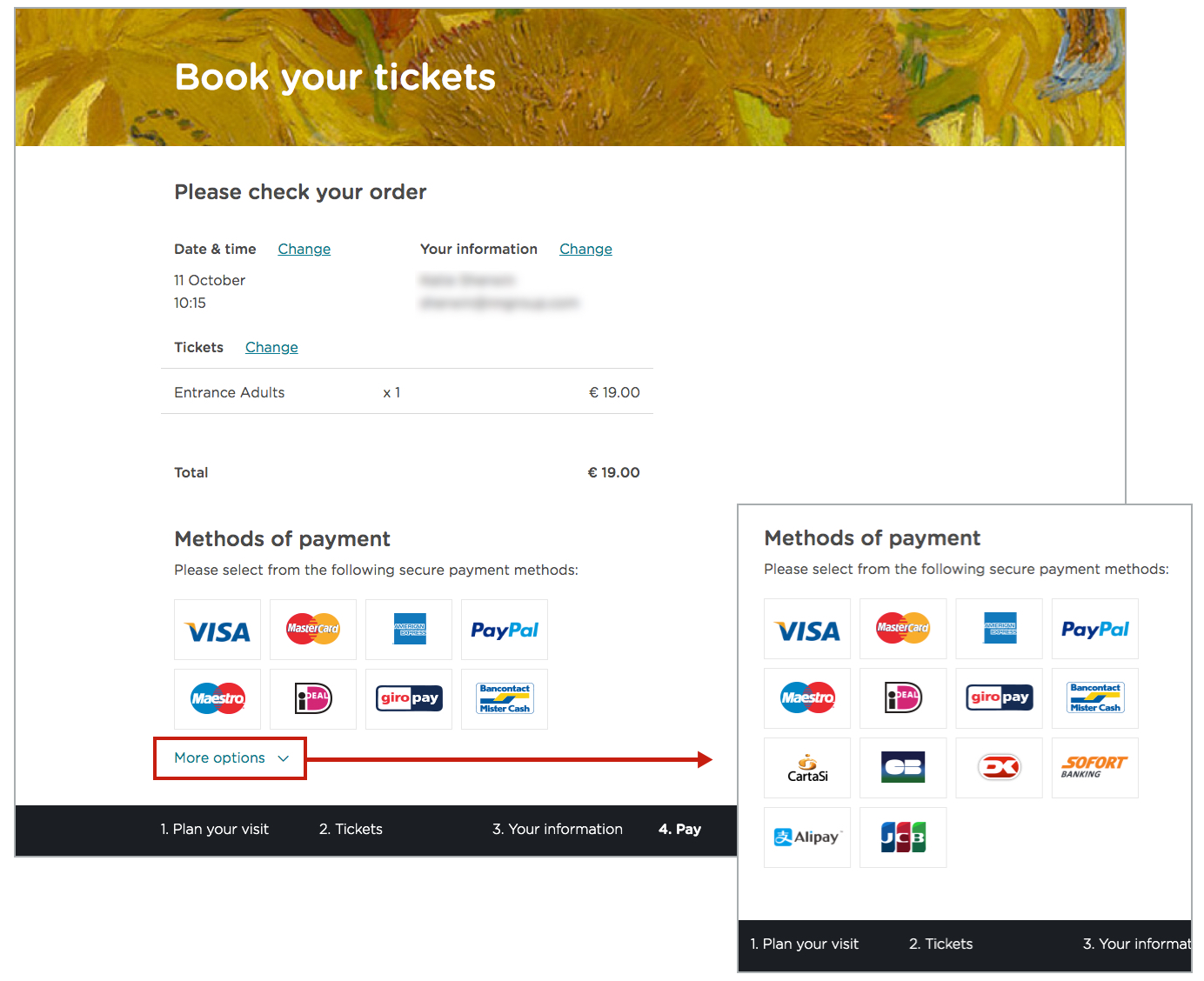 Book your tickets page with expanded payment options