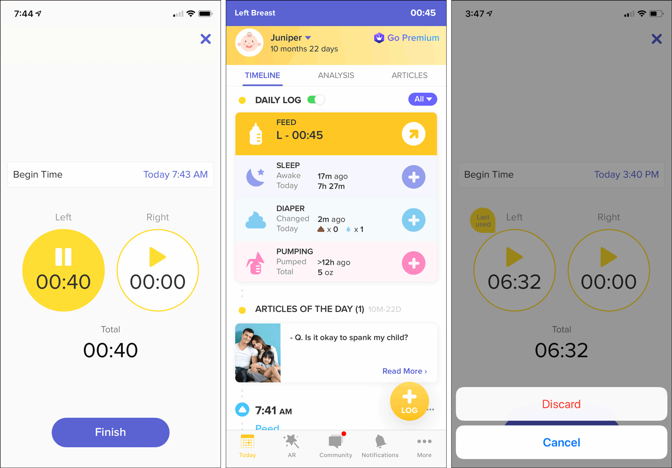 Glow Baby mobile app: 3 screenshots of nursing timer either getting auto saved or presenting a confirmation dialog