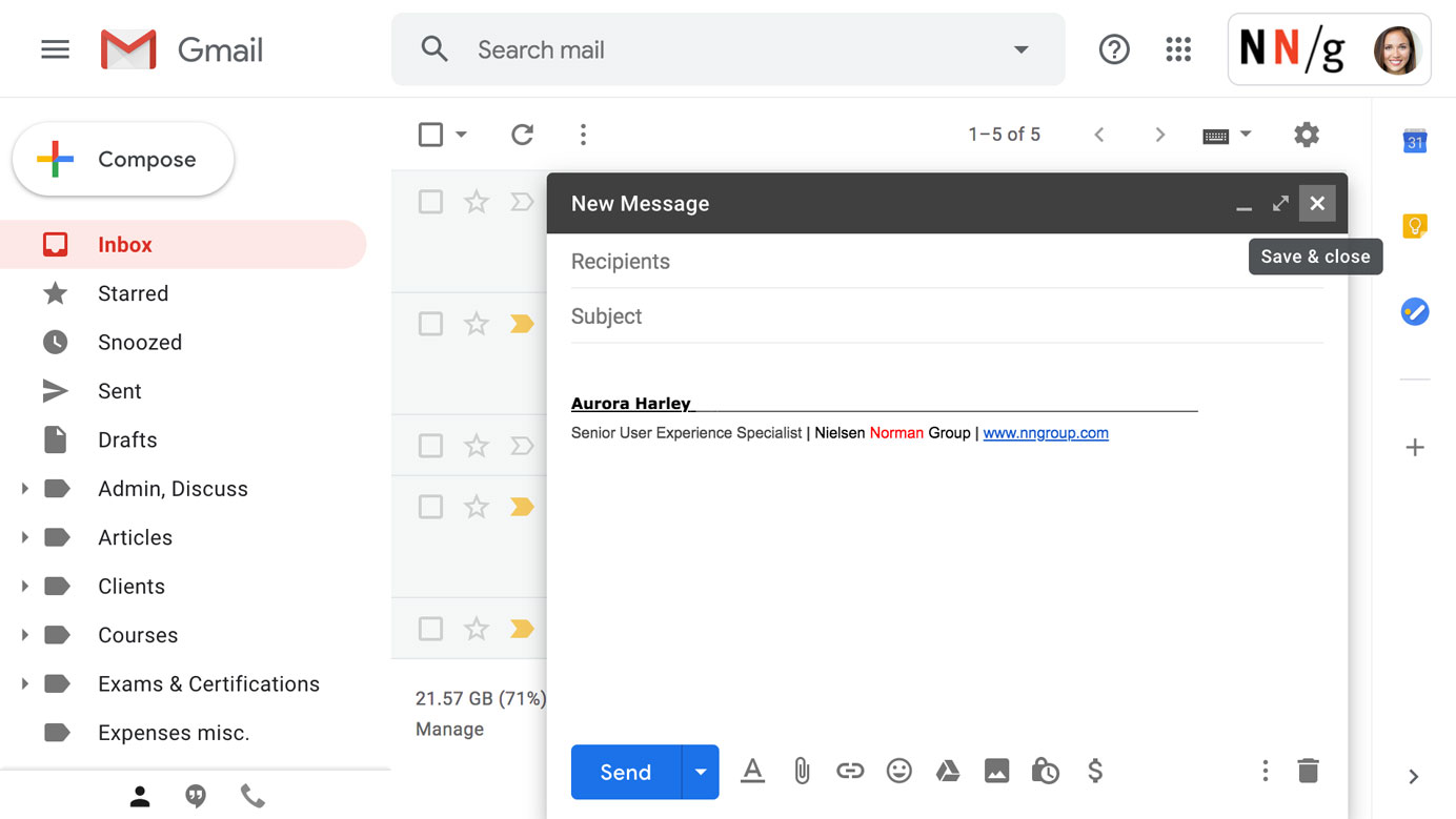 Gmail site: Screenshot showing tooltip for X icon within compose nonmodal window