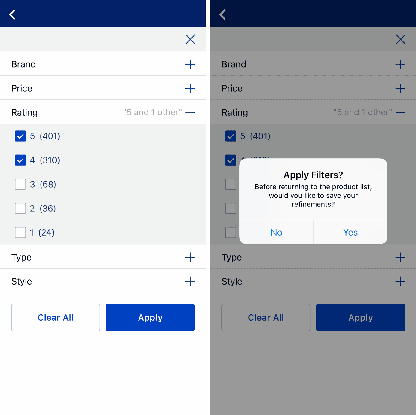 Lowes mobile app: 2 screenshots of filter screen and confirmation dialog