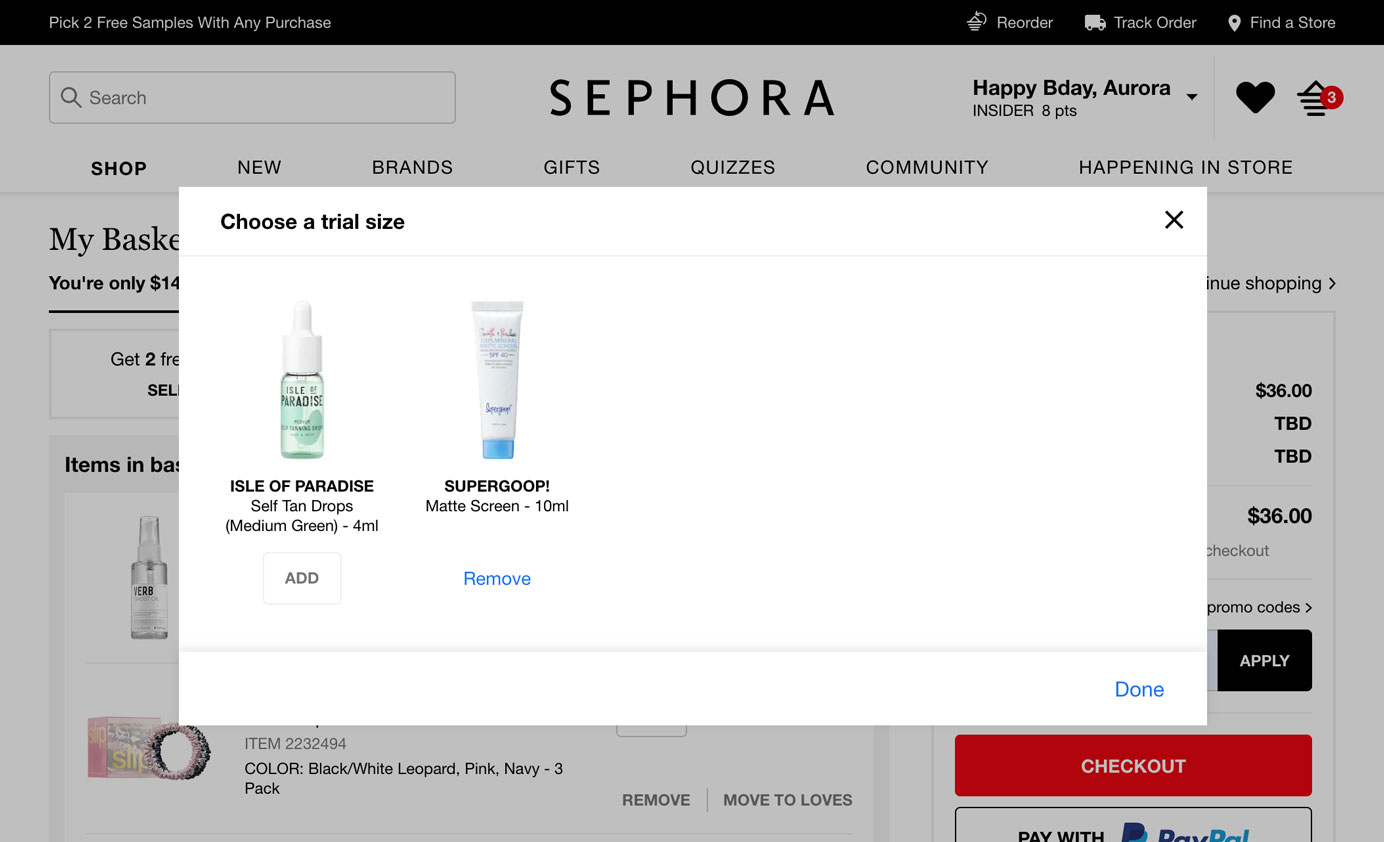 Sephora website: Screenshot of Choose a trial product modal window