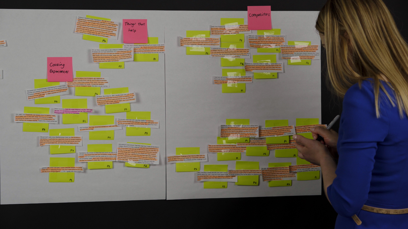 A photograph of a researcher naming the groups of stickies by writing a label on a new sticky and placing it by each group.