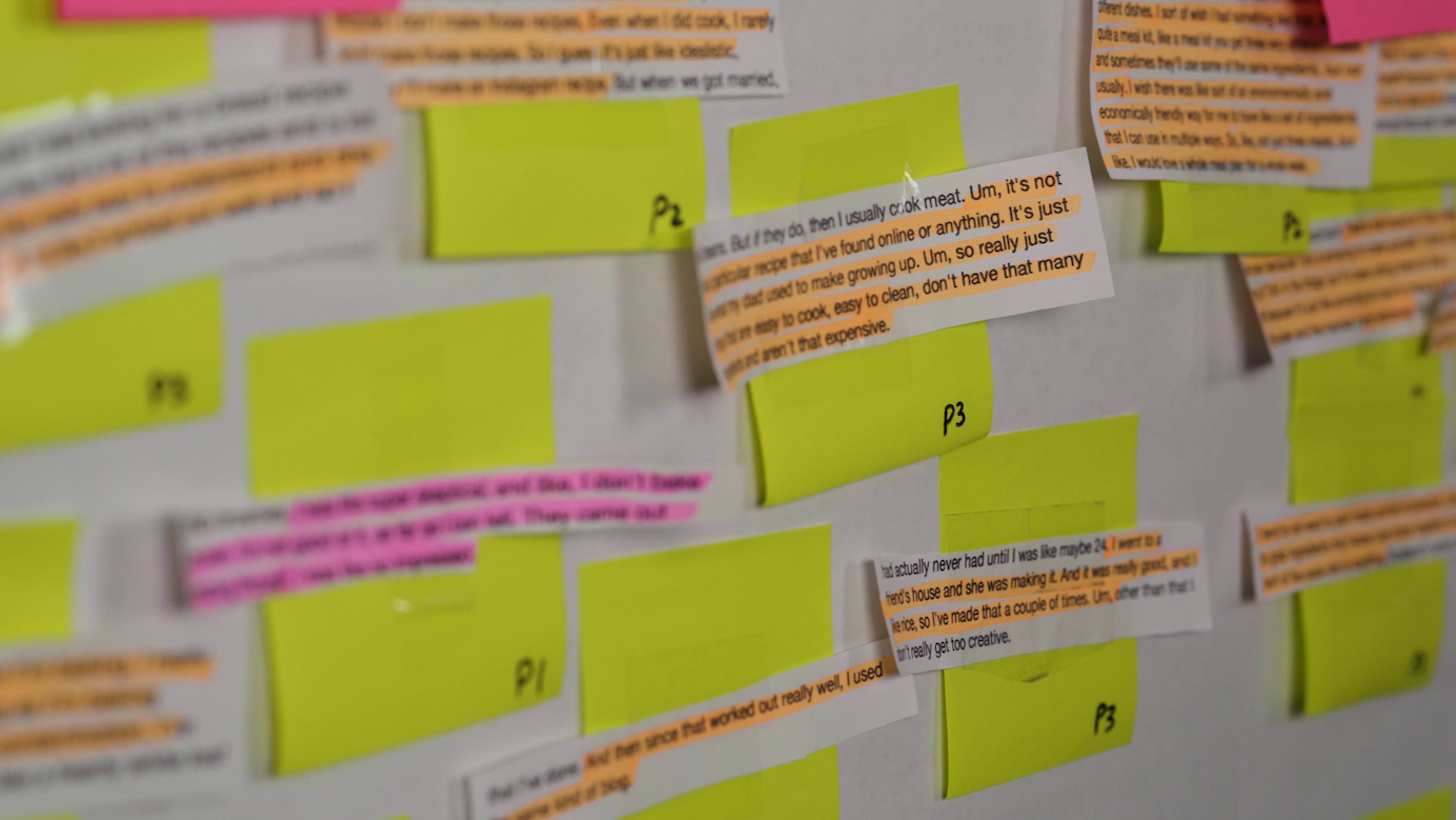 A photograph of lots of highlighted sections of transcripts fixed to stickies and displayed on a wall.