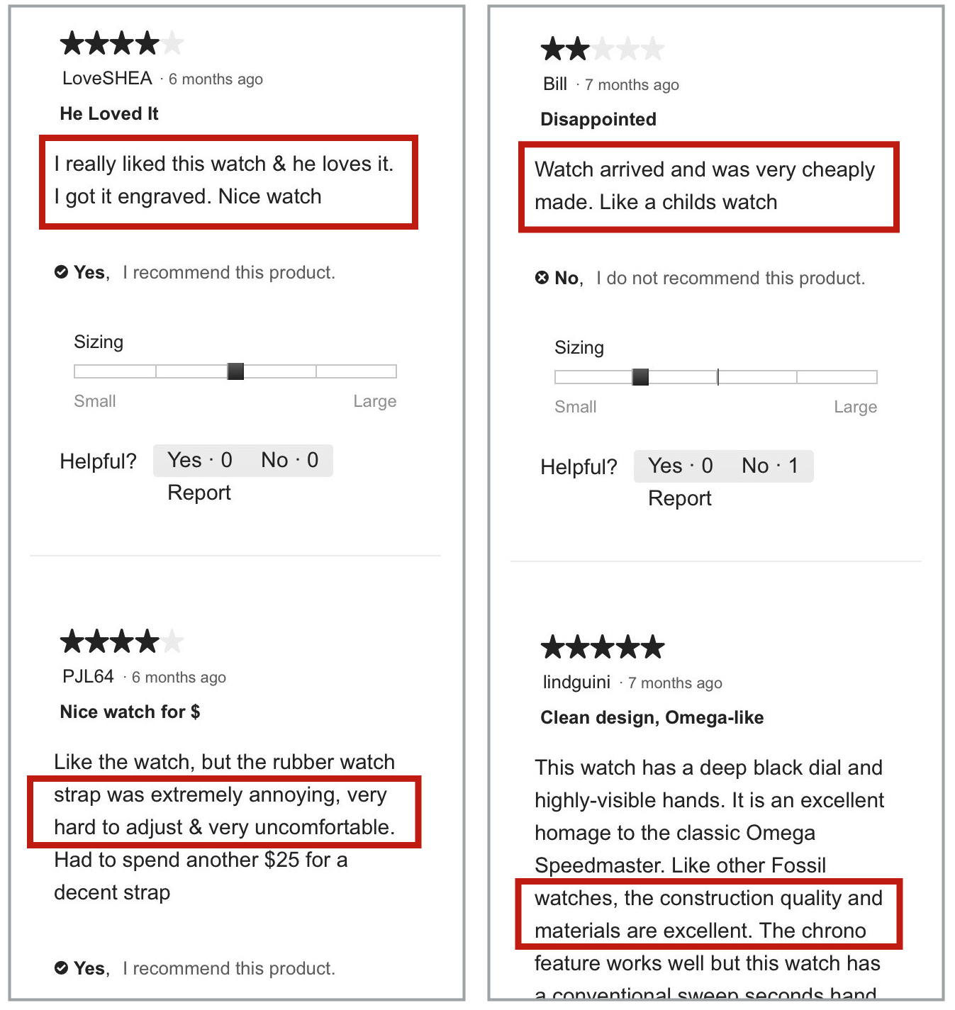 Four mobile product reviews, side by side