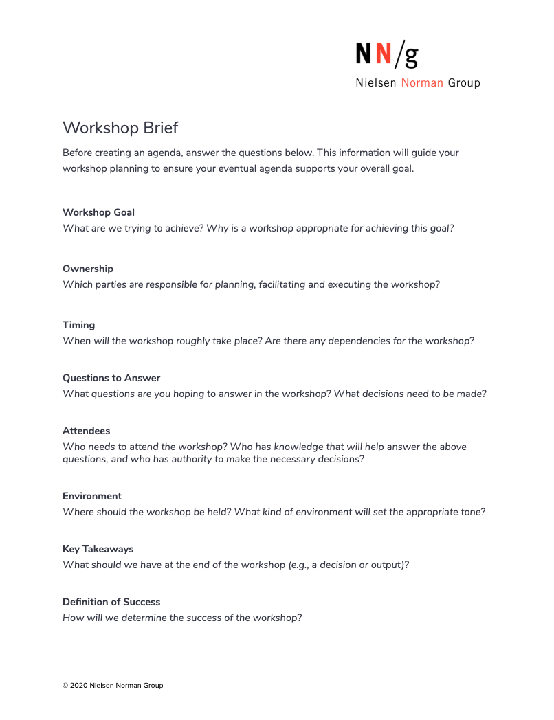 A screenshot of a workshop brief template, with areas for writing in workshop goals, attendees, and success metrics