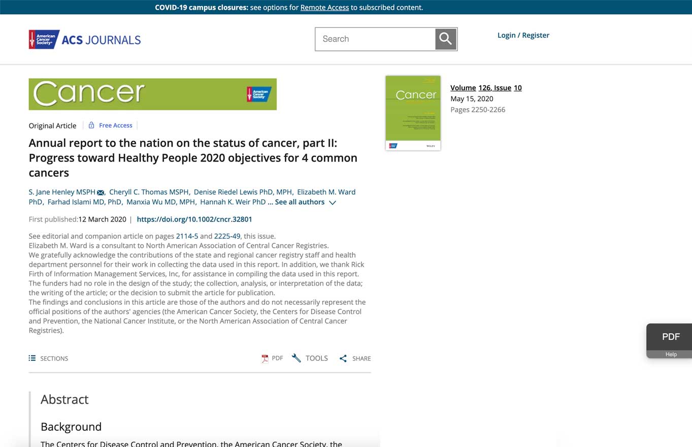 The American Cancer Society uses HTML gateway pages to house their PDF reports. 