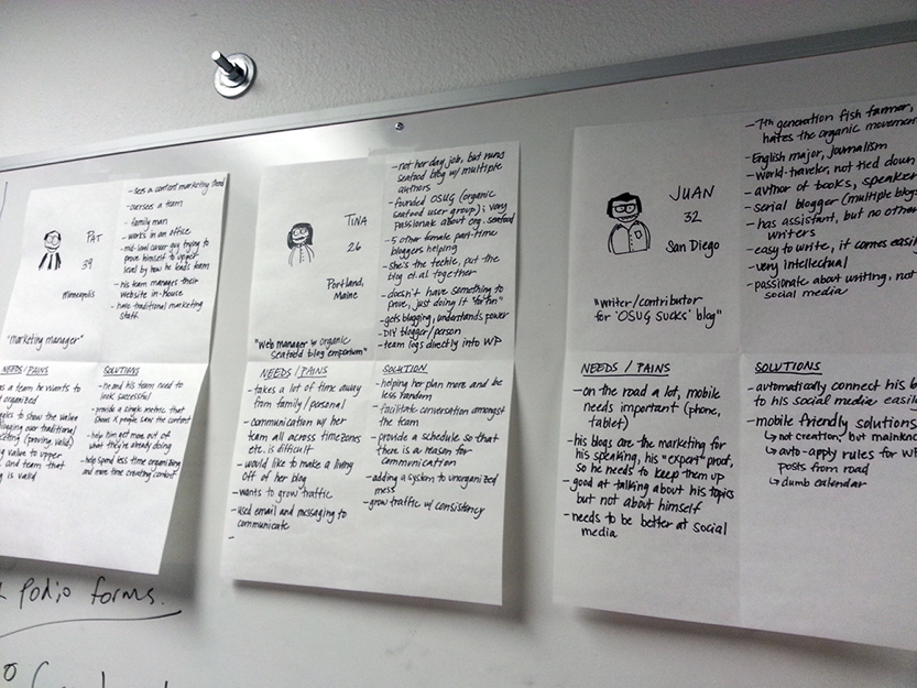 Hand drawn proto personas hanging on a wall, containing brief biographical sketches, goals, pain points, and solutions