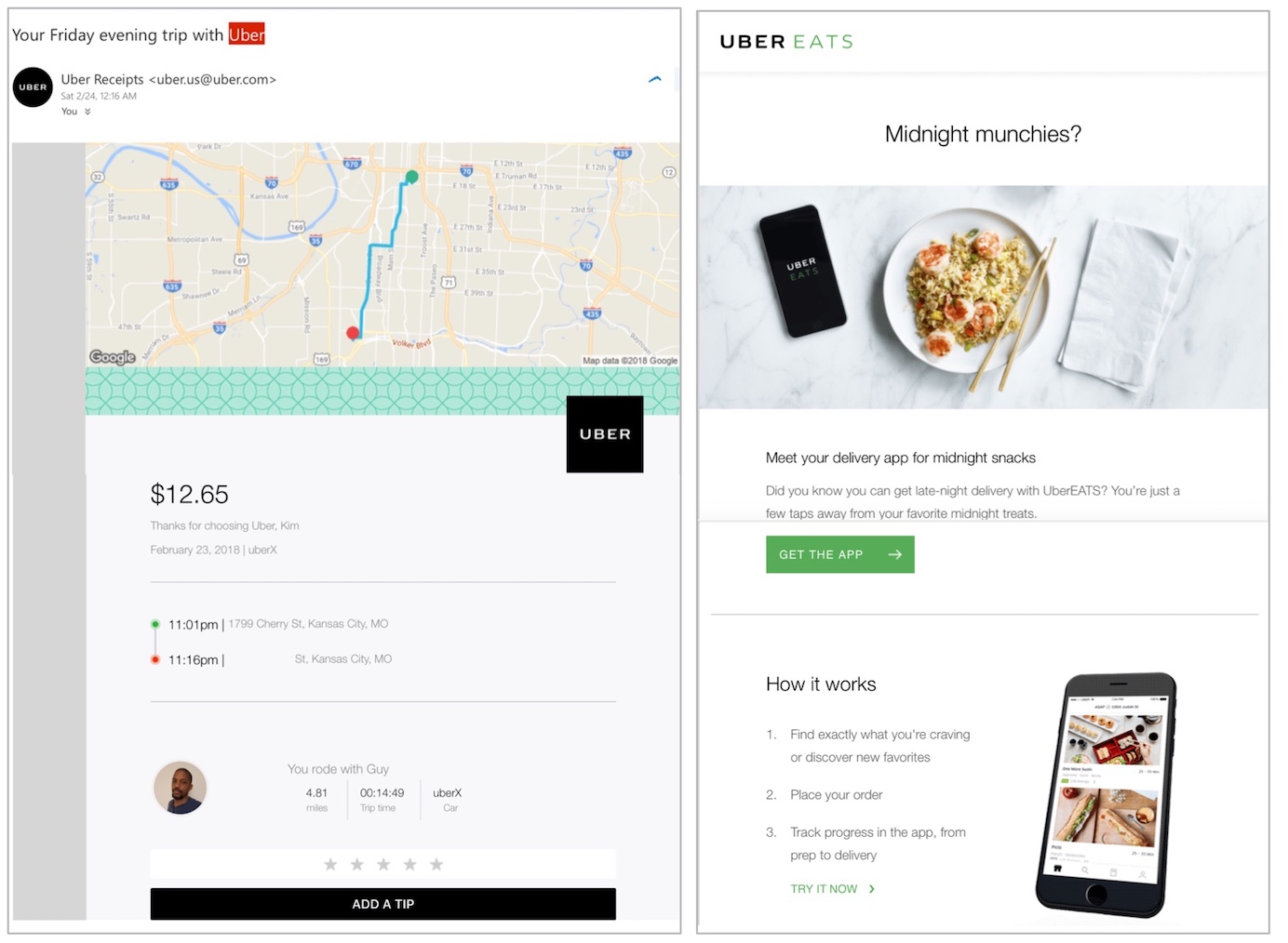 Uber receipt and email about Uber Eats