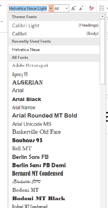 The MS Word fonts dropdown, featuring an area for recently used fonts