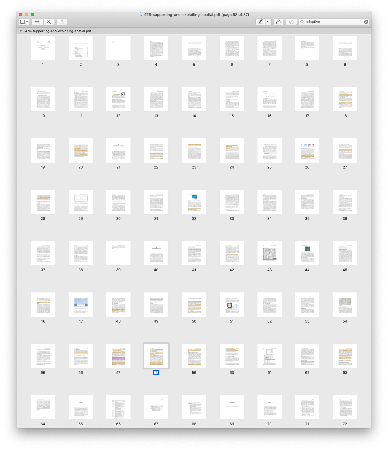 Apple's Preview PDF viewer showing a series of thumbnails for all the pages in a document