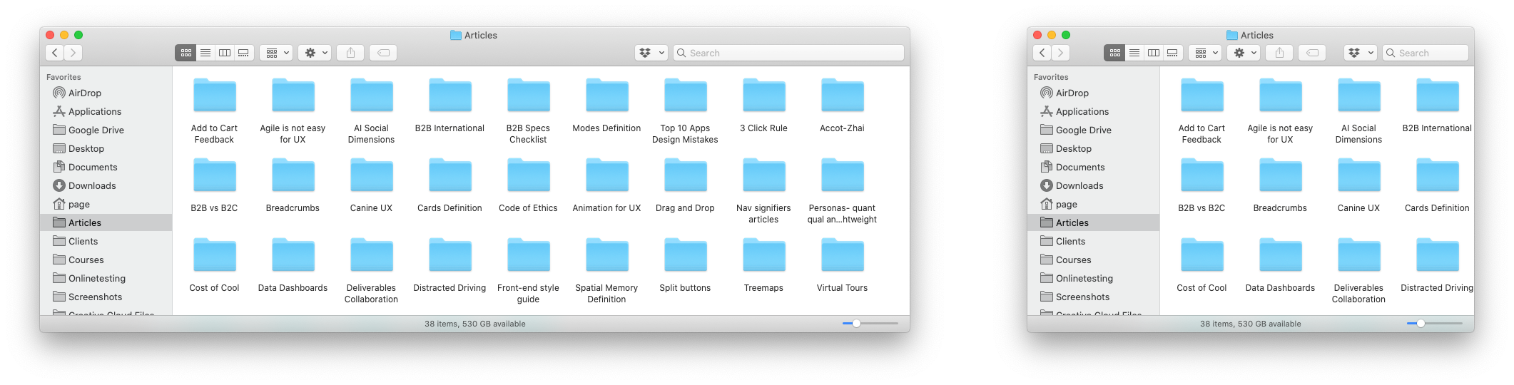 Two images of the MacOS Finder's documents folder: on the left a version of the folder that is wide, and on the left, a resized view of the same folder shrunk in horizontal size)