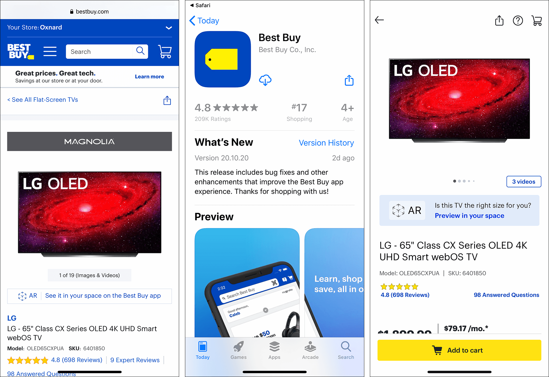 Screenshots of transition from mobile website to app store to app product page