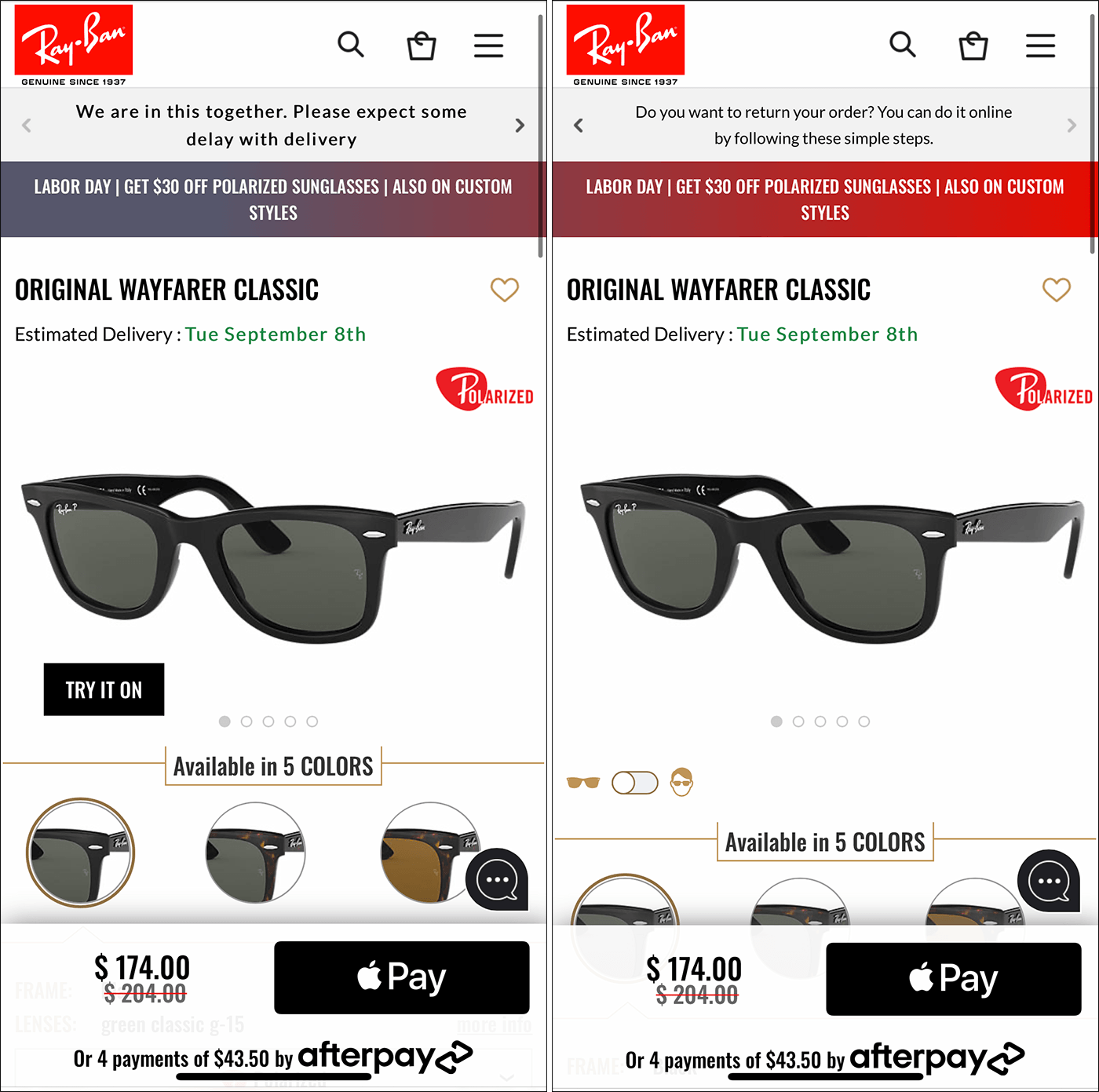 Left screenshot shows a black Try It On button in the lower left corner of the product image area. Right screenshot replaced this button with a toggle switch, showing an unlabeled glasses icon and a face icon.