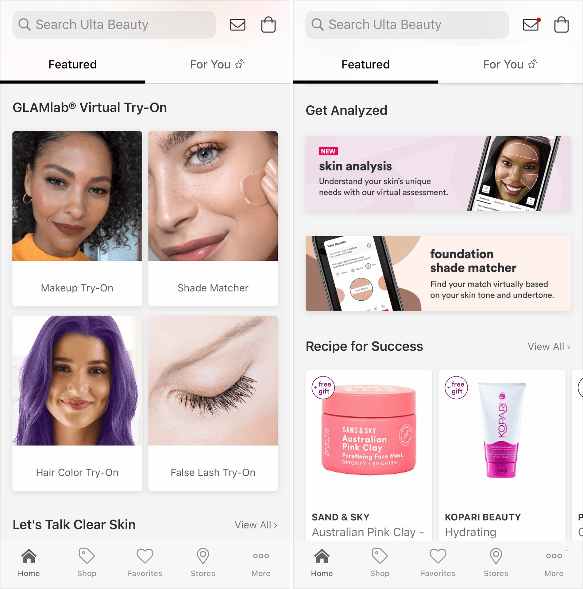 2 screenshots of the same Ulta mobile app home screen, showing various buttons linking to AR tools