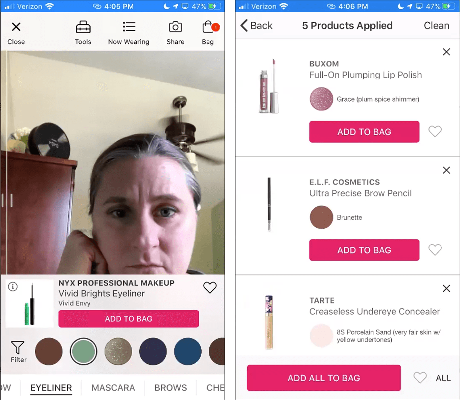 Screenshot from usability test session, showing participant trying on virtual makeup. Right image shows screenshot of the Now Wearing screen, which she had initially overlooked.