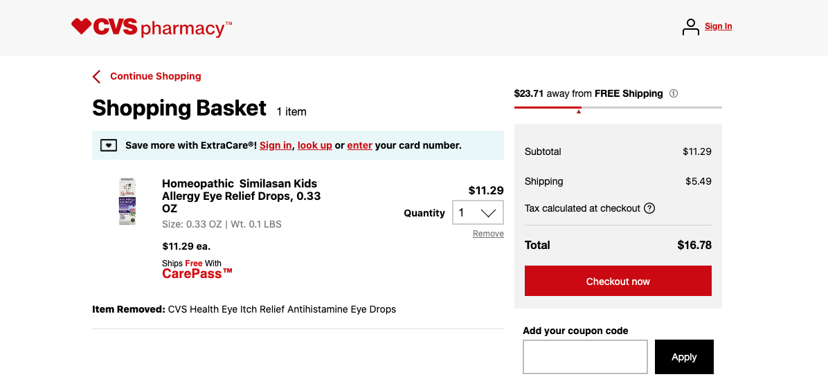 An image of the shopping basket from the CVS pharmacy website. Some allergy relief eye drops have been added to the basket. A remove link appears below the item to allow the user to remove the item from the basket.