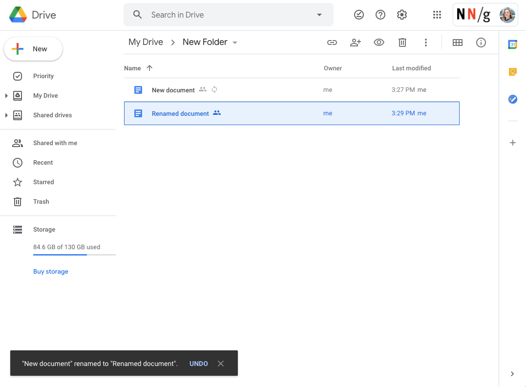 An image of the content of a Google Drive folder. Two documents are contained in this folder and a notification appears below to tell the user that a document has been successfully renamed. In this notification is a link to undo the action.