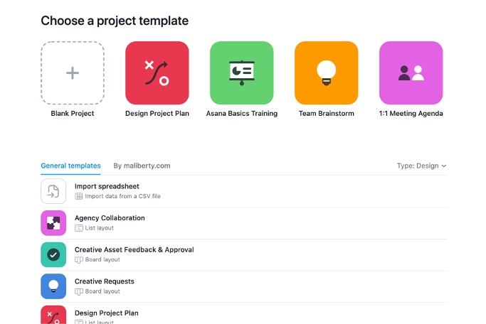 Asana offered several templates to help users get started with common project types.