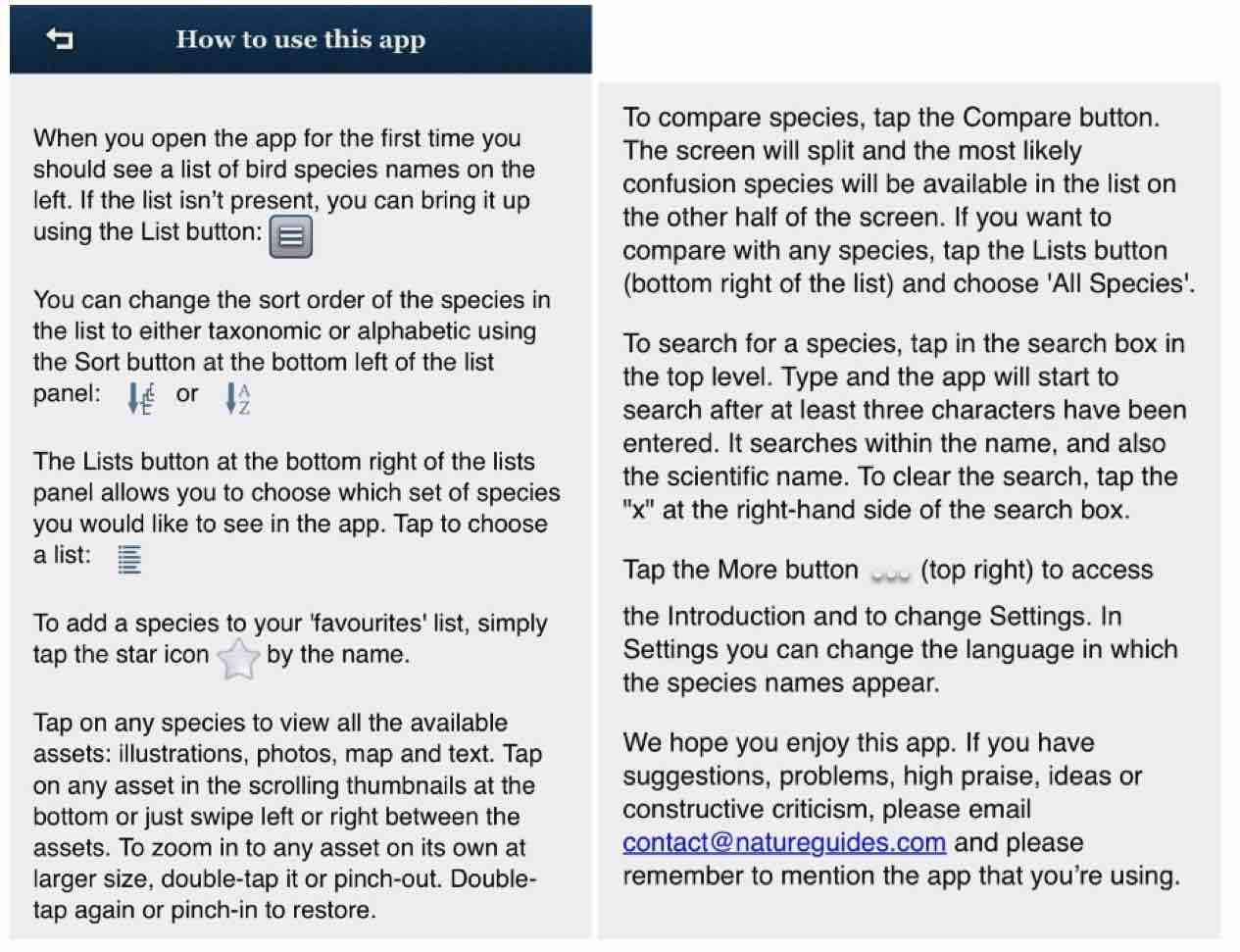 The Birds of Northern Europe iOS app had support pages that were difficult to scan