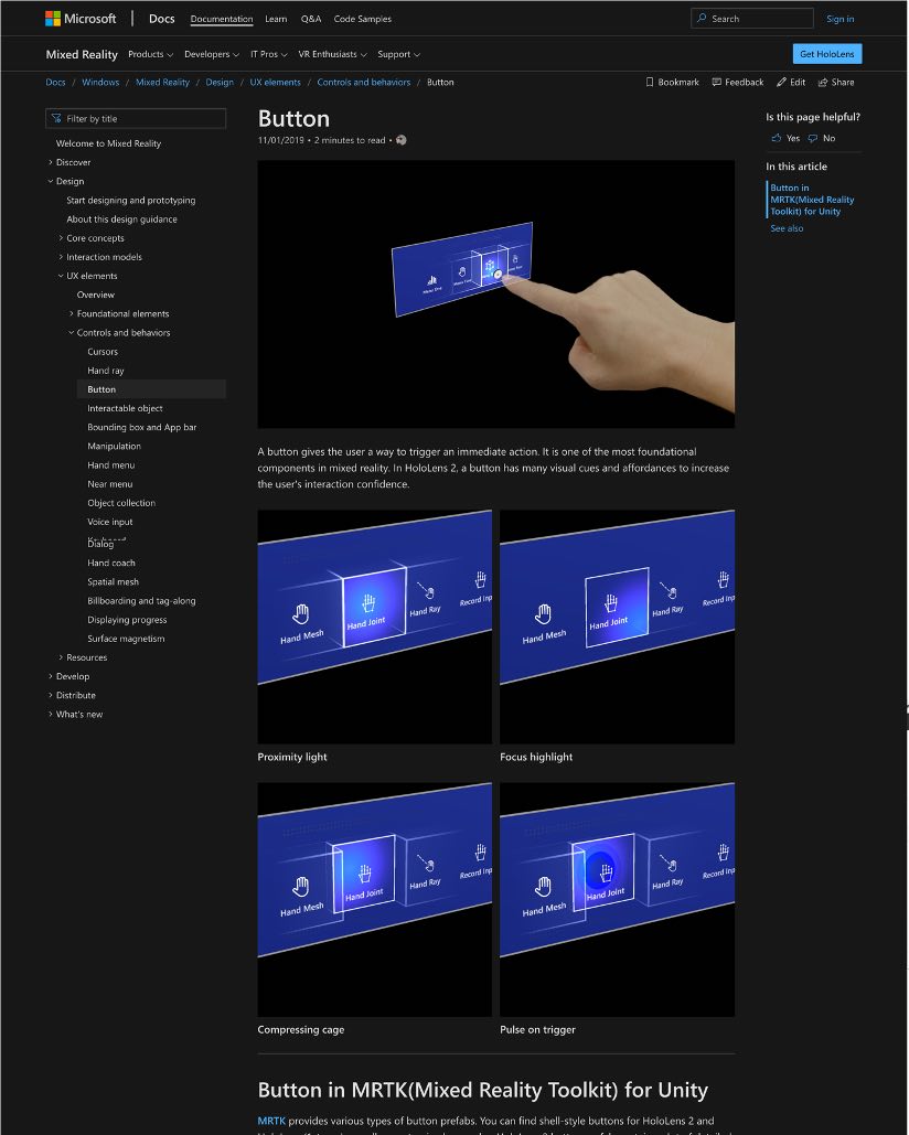 Microsoft’s Mixed Reality Toolkit documentation was sometimes vague and did not provide descriptions of mentioned designs. In this case, the documentation mentioned visual cues like ‘proximity light’ and ‘compressing cage’ but failed to define these patterns, how they could be implemented, or link to further details. 