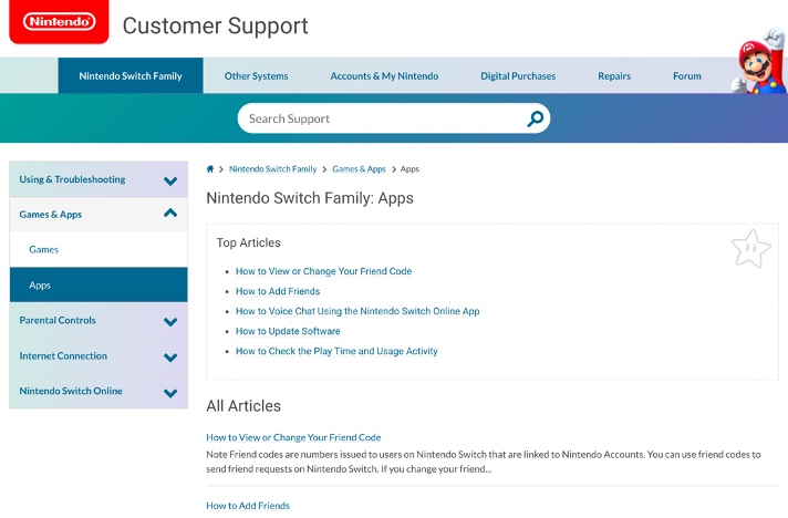 Nintendo's support pages recommended top articles