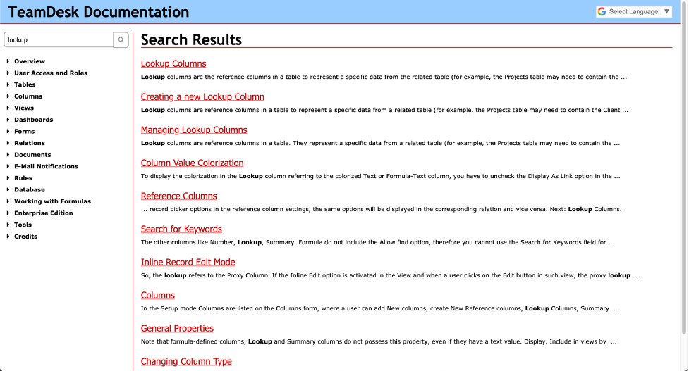 TeamDesk offered relevant documentation for search results