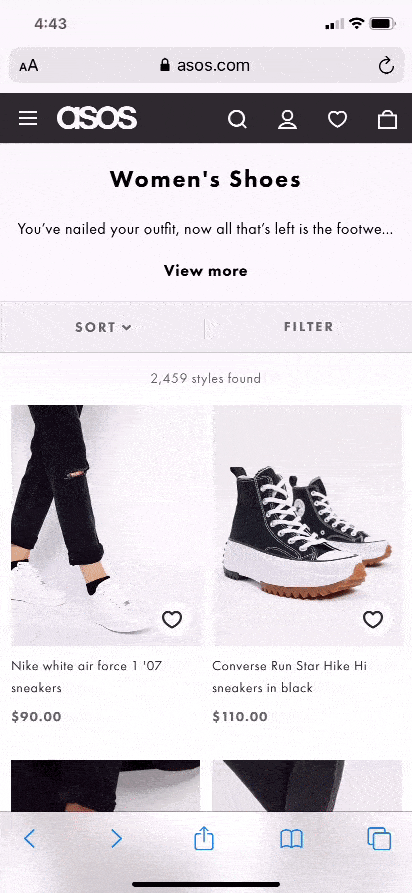 A gif shows Asos.com, a clothing retailer. When a user selects a pair of shoes from the product listings page, and selects a link from within that page to view shipping information, a fullscreen overlay appears. Using the browser's back button (rather than the close icon) takes the user back to the product listings, rather than to the product overview page for the pair of shoes the user selected.