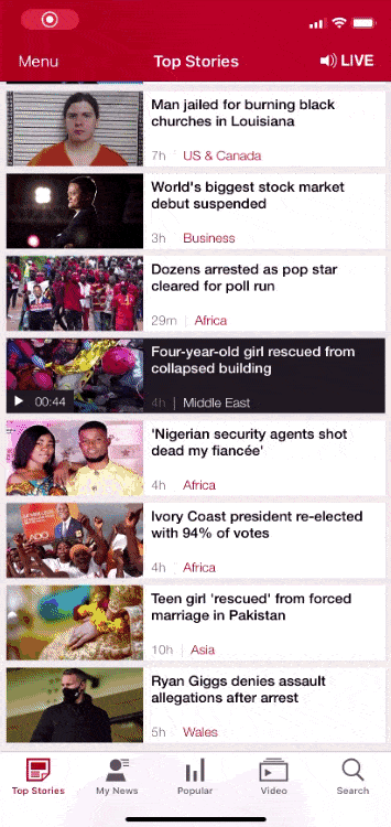 A gif of the BBC News app shows a user clicking on a story from the main page and then swiping from right to left to move through stories. When the user selects the back button in the app, they are returned to the main page where all stories were listed.