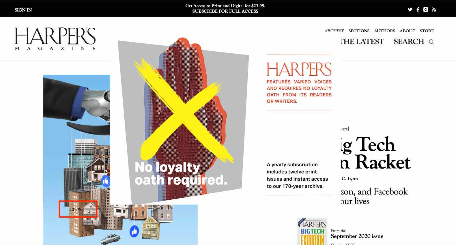 An image of an article on Harper's Bazaar's website. On top of the article appears a modal overlay. The close link appears outside of the modal overlay and is easily missed because it lacks contrast to the background, which is the article's image.