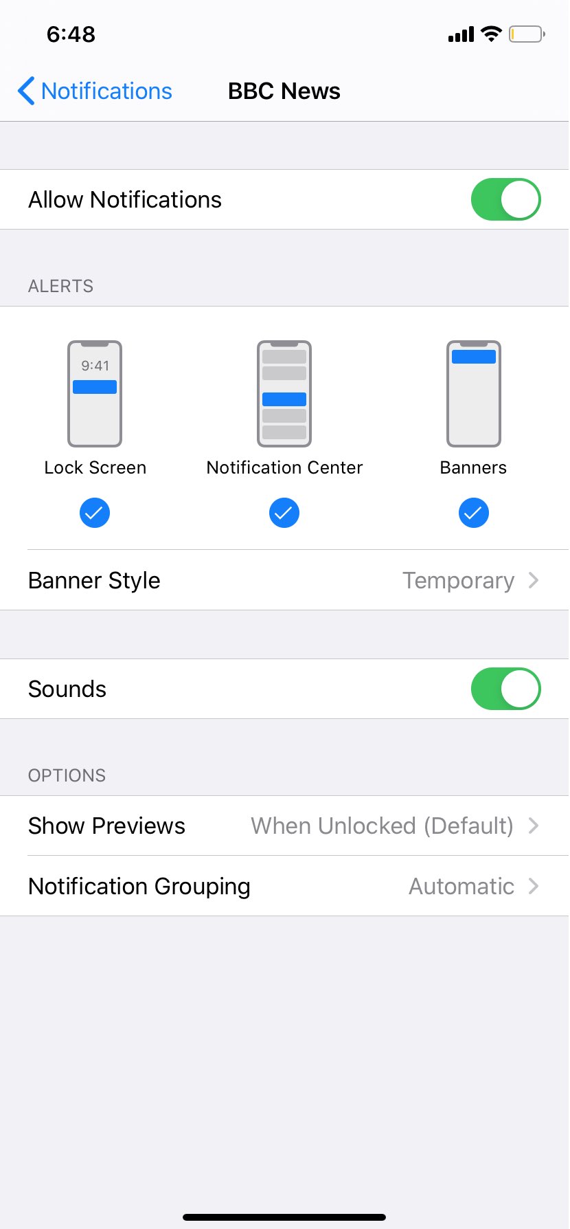 A screenshot of the iOS notification settings for the BBC News app. The user is given the option to toggle notifications and sounds on or off, and also select and deselect how notifications appear (for example, on a locked screen, in the notification center or in banners).