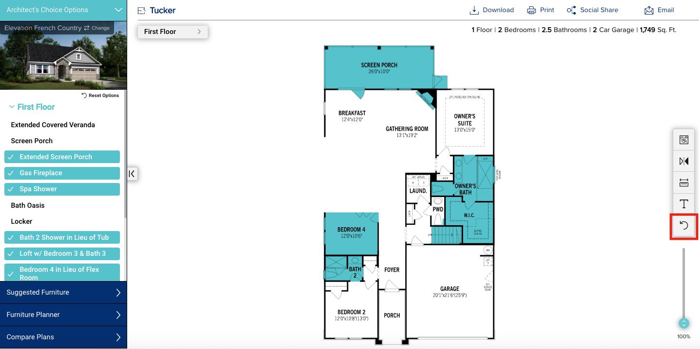 An interactive floorplan is shown from Mattamy's site. The user has made some changes to the floorplan by selecting additions from a panel that appears on the left of the page. On the right of the floorplan itself, several icons are shown with no labels. One icon is a backward facing arrow which has been highlighted in this image by the author.