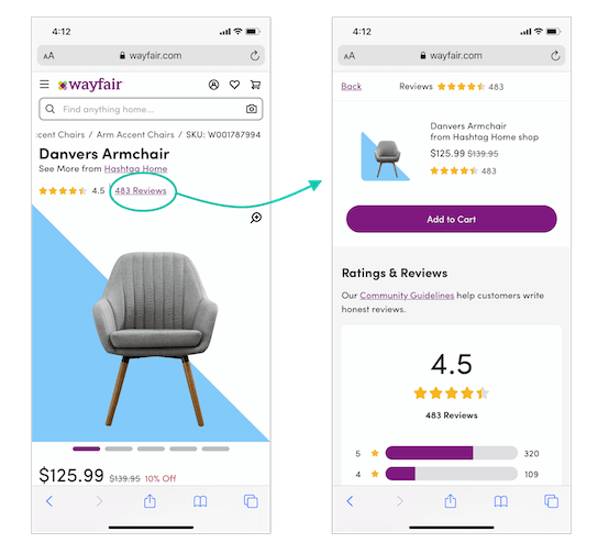 Two screenshots from Wayfair.com are presented. A product overview page for an armchair is shown on screen 1. Underneath the product's title is the average rating (4.5) and a link to read the reviews. Clicking on the link opens up a drawer which fills the full screen. A back link appears at the top of the page to take the user back to the screen they were looking at before clicking the reviews link.