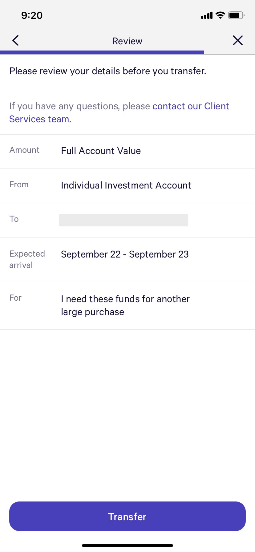 A screenshot from the Wealthfront app (a finance app) is shown. The user has begun a multi-step process to transfer money from an investment account to a current account. The user is provided the option to finalize the transfer, cancel the transfer through an 'X' icon and go back a step in the transfer process by clicking on a back arrow icon.