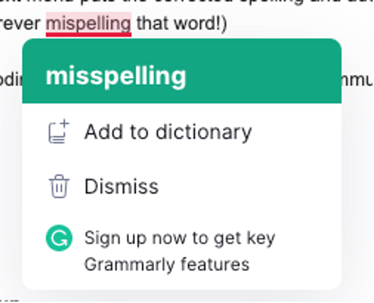 Grammarly spell check with additional differentiation between spelling suggestions and Add to Dictionary options