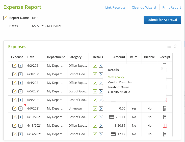 Screenshot of an expense report