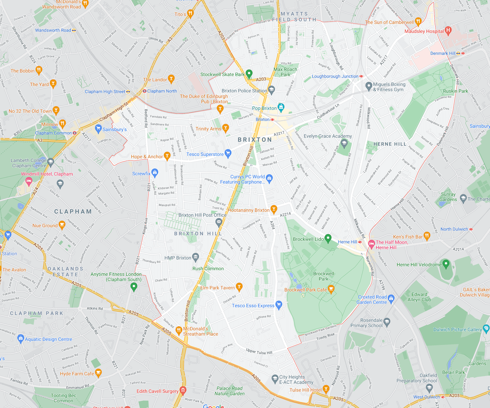 A zoomed-in map of the London neighborhood Brixton, showing local geographic features and shops