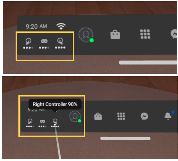 The universal menu in Oculus displays battery life.