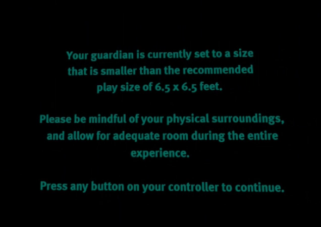 Game warning that reads "Your guardian is currently set to a size that is smaller than the recommended play size of 6.5 x 6.5 feet."