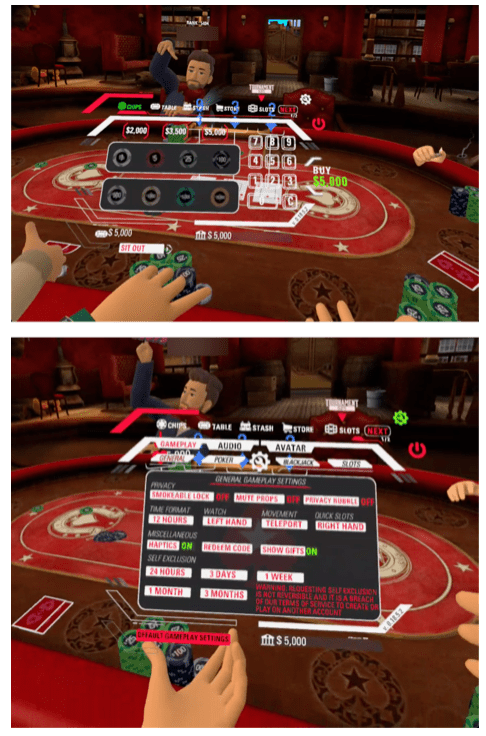 Poker game with crowded settings menu